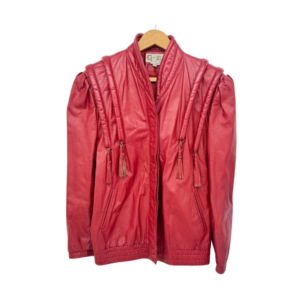 G-III Red Leather Jacket Tassels Shoulder Detail VTG 80s Avante Garde Moto 9/10*